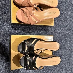 Black and Cream Mules with Crisscross Straps